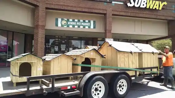 A trailer loaded with Clark's Woodwork pet houses outside a pet market in Athens